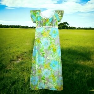 Vintage 1960s Hippie Woodstock Daisy Empire Maxi Dress